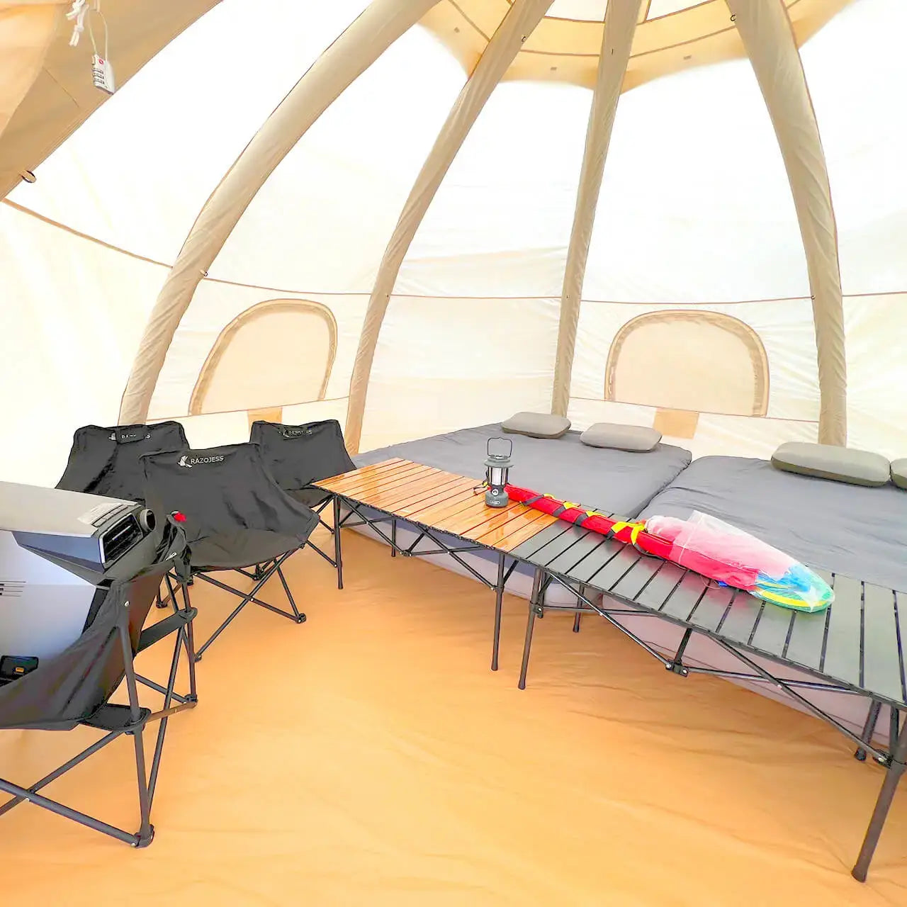 Useful add-on such as portable aircon and queen size beds, also picnic chairs and tables